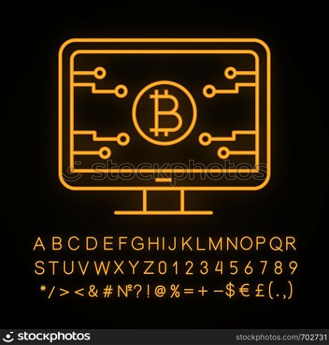 Bitcoin official webpage neon light icon. Glowing sign with alphabet, numbers and symbols. Mining farm landing. Blockchain server page. Cryptocurrency business website. Vector isolated illustration. Bitcoin official webpage neon light icon
