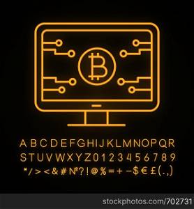 Bitcoin official webpage neon light icon. Glowing sign with alphabet, numbers and symbols. Mining farm landing. Blockchain server page. Cryptocurrency business website. Vector isolated illustration. Bitcoin official webpage neon light icon