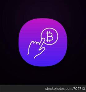 Bitcoin payment button app icon. Pay with bitcoin. Cryptocurrency transaction click. UI/UX user interface. Hand pressing button. E-payment. Web or mobile application. Vector isolated illustration. Bitcoin payment button app icon