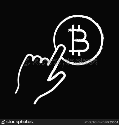 Bitcoin payment button chalk icon. Pay with bitcoin. Cryptocurrency transaction click. Hand pressing button. E-payment. Isolated vector chalkboard illustration. Bitcoin payment button chalk icon