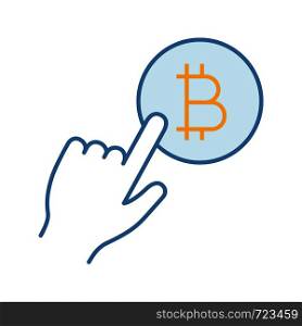 Bitcoin payment button color icon. Pay with bitcoin. Cryptocurrency transaction click. Hand pressing button. E-payment. Isolated vector illustration. Bitcoin payment button color icon