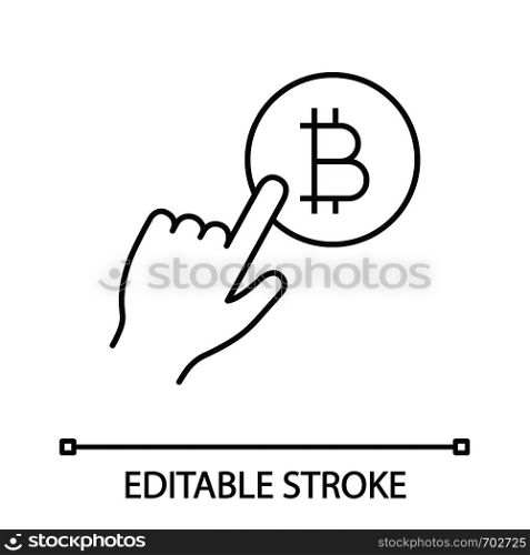 Bitcoin payment button linear icon. Pay with bitcoin. Thin line illustration. Cryptocurrency transaction click. Hand pressing button. E-payment. Vector isolated outline drawing. Editable stroke. Bitcoin payment button linear icon