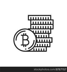 Bitcoin pile of coins isolated outline sign. Vector symbol of letter B cryptocurrency sign, metal crypto bitcoin object and pile of digital virtual money. Stack of currency line art investment payment. Cryptocurrency bitcoin stack of coins outline icon