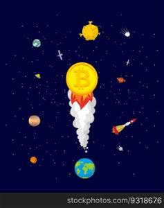 Bitcoin price increase. Dynamics of course is crypto currency. Rise of price of virtual money. rocket to sky. Cost Flies to moon. Exchange vector illustration 