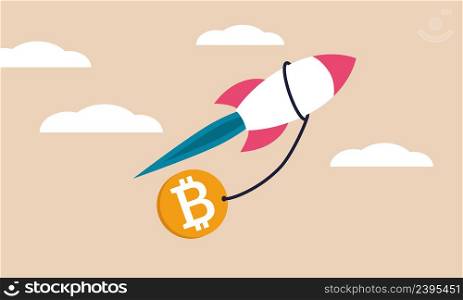 Bitcoin rocket money and bank blockchain cryptocurrency. Mining crypto finance and growth vector illustration concept. Btc coin investment and rising rate. Virtual wealth to future commerce price