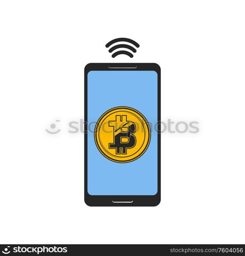 Bitcoin sign on smartphone isolated cryptocurrency icon. Vector digital money exchange symbol. Cryptocurrency exchange, smartphone isolated sign