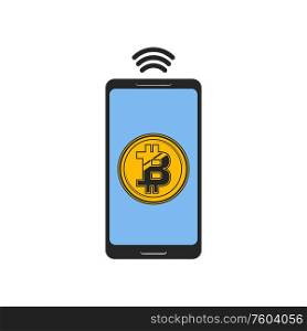 Bitcoin sign on smartphone isolated cryptocurrency icon. Vector digital money exchange symbol. Cryptocurrency exchange, smartphone isolated sign