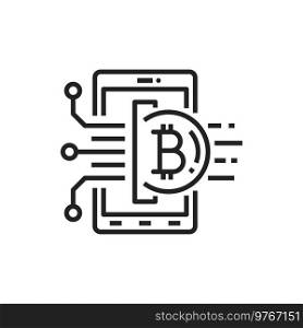Bitcoin sign on smartphone isolated cryptocurrency transactions outline icon. Vector digital money exchange symbol, blockchain and virtual money payment, investment and trade by phone, line art. Cryptocurrency exchange, smartphone isolated sign