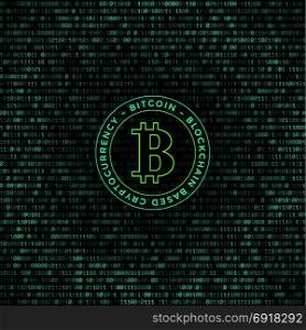 bitcoin symbol binary code background. vector green colors bitcoin symbol blockchain based cryptocurrency sign on dark binary code digital decorative background