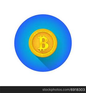 bitcoin symbol gold coin icon. vector colorful flat design bitcoin symbol blockchain based cryptocurrency gold coin with long shadow blue circle icon isolated on white background