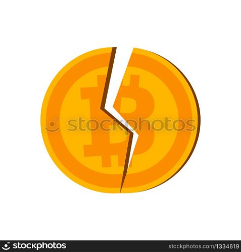 Bitcoin symbol in the form of a broken cracked coin in flat style. The fall of the rate and the price of Bitcoin. Cryptocurrency logo. EPS 10
