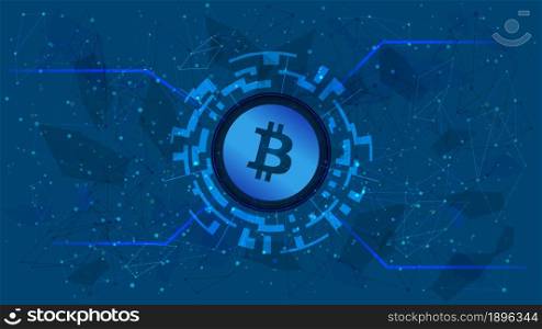 Bitcoin token symbol in a digital circle with a cryptocurrency theme on a blue background. BTC coin icon. Digital gold for website or banner. Copy space. Vector EPS10.