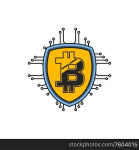 Bitcoin transactions, btc sign on shield and blockchains. Vector cryptography and database logo. Cryptocurrency data, bitcoin transactions logo