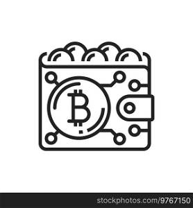 Bitcoin wallet and blockchain isolated cryptocurrency digital money outline icon. Vector payment by virtual coins, electronic trade and internet transactions exchange. Purse storage of crypto currency. Cryptocurrency icon bitcoin wallet with blockchain