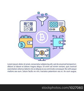 Bitcoin wallet article page vector template. Cryptocurrency transaction. Virtual money e payment. Brochure, magazine, booklet design with linear icons and text. Print design. Concept illustrations