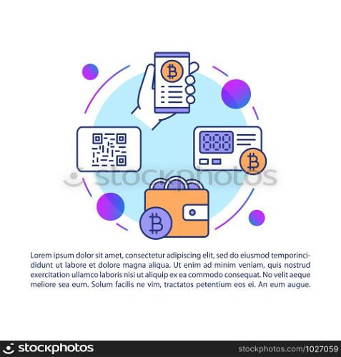 Bitcoin wallet article page vector template. Virtual money payment. Banking app service. Brochure, magazine, booklet design element with linear icons and text. Print design. Concept illustrations