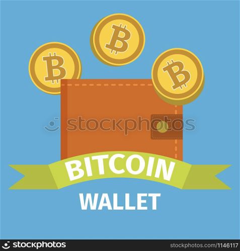 Bitcoin wallet concept on blue background, vector illustration. Bitcoin wallet concept