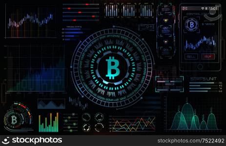 Bitcoin with HUD Elements, BTC, Bit Coin, Virtual Money, Crypto Currency - Illustration Vector. Bitcoin with HUD Elements, BTC, Bit Coin, Virtual Money, Crypto Currency