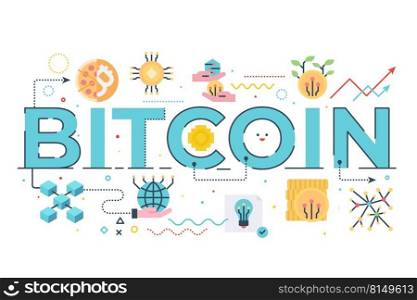 Bitcoin word lettering illustration with icons for web banner, flyer, landing page, presentation, book cover, article, etc.