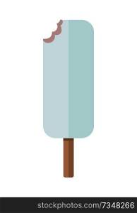 Biten ice cream on stick. Eskimo in white chocolate. Vector in flat design. Refreshing cold dessert. Summer sweets. Illustration for food concepts, diet infographic, icons or web design. . Ice Cream Vector Flat Style Illustration
