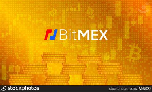 Bitmex cryptocurrency stock market name with logo on abstract digital background. Crypto stock exchange for news and media. Vector EPS10.