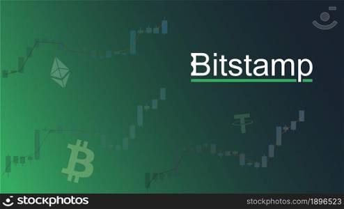 Bitstamp cryptocurrency stock market name with logo on abstract digital background. Crypto stock exchange for news and media. Vector EPS10.