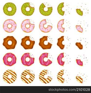 Bitten ?and half eaten donuts, doughnut pieces with crumbs. Cartoon delicious donut with various toppings, sweet pastry dessert vector set. Yummy bakery snack with glossy cream fasting. Bitten ?and half eaten donuts, doughnut pieces with crumbs. Cartoon delicious donut with various toppings, sweet pastry dessert vector set