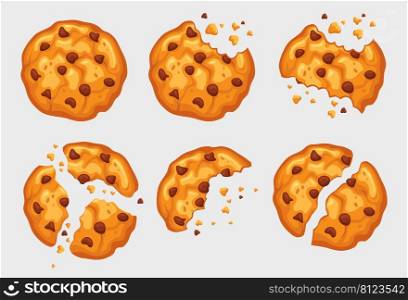 Bitten cookie with chocolate chips cartoon illustration set. Bites of sweet biscuits. Homemade pastry with chocolate crumbs isolated on white background. Food, baking concept