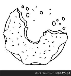 Bitten Donut with glaze. Sweet sugar dessert with icing. Outline cartoon illustration isolated on white background. Bitten Donut with glaze.
