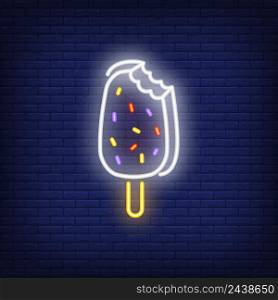 Bitten ice-cream bar neon sign. Dessert, cafe and food concept. Advertisement design. Night bright colorful billboard, light banner. Vector illustration in neon style.