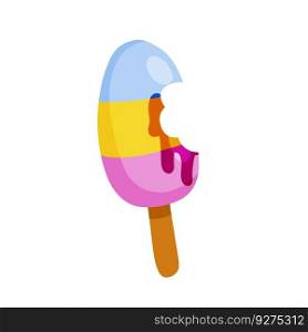 Bitten Ice cream on stick. Summer dessert. Multi-colored delicacy. Blue, yellow and pink glaze. Flat cartoon illustration. Bitten Ice cream on stick. Summer dessert.