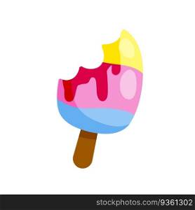 Bitten Ice cream on stick. Summer dessert. Multi-colored delicacy. Blue, yellow and pink glaze. Flat cartoon illustration. Bitten Ice cream on stick.