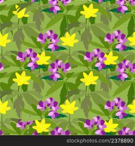 Bittercresses toothworts anemone forest plant violet yellow flowers green leaves seamless pattern