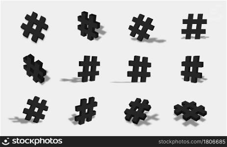 Black 3d hashtag icon illustration with different views and angles