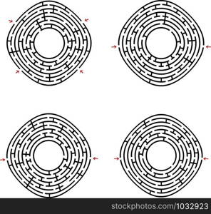 Black abstract round maze with a place for your drawing. Set of four puzzles. An interesting and useful game for children. Simple flat vector illustration isolated on white background.