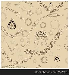 Black accessories seamless pattern. Jewellery sketch clipart. Jewels textile, background, web, wrapping paper. Vector illustration. Endless design with black accessories decor.