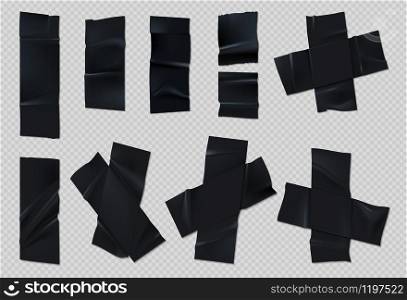 Black adhesive tape. Realistic group torn scotch with wrinkles on transparent background. Vector set of sticky tape pieces with ripped edges for package taping or paper glued. Black adhesive tape. Realistic torn scotch with wrinkles on transparent background. Vector set of sticky tape pieces with ripped edges