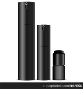 Black aerosol bottles EPS10 vector illustration isolated on white background. Cosmetic spray can set. Dispenser containers for deodorant, parfume, cream, eye contour.. Black aerosol bottle. Cosmetic spray can set.