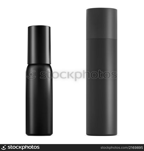 Black aerosol spray bottle. Deodorant tin mockup blank. Hair spray can, aluminum cylinder packaging. Antiperspirant refreshener canister template, realistic vector illustration. Aerosol spray bottle. Deodorant tin mockup blank