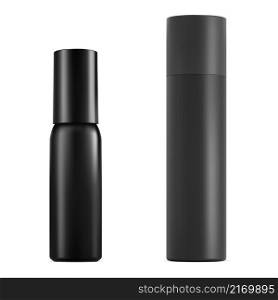 Black aerosol spray bottle. Deodorant tin mockup blank. Hair spray can, aluminum cylinder packaging. Antiperspirant refreshener canister template, realistic vector illustration. Aerosol spray bottle. Deodorant tin mockup blank