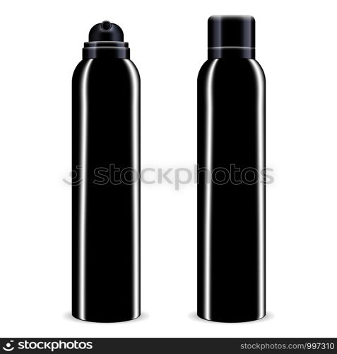 Black Aerosol spray metal bottle with lid. Deodorant antiperspirant or cosmetic hairspray can template. Vector package illustration isolated on white background.. Black Aerosol spray metal bottle with lid.