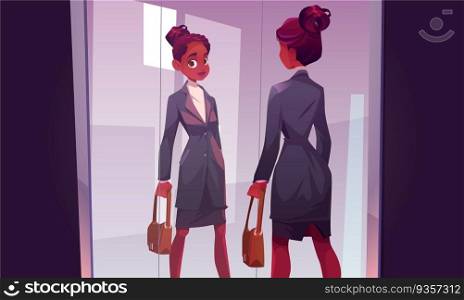 Black african woman character look in mirror vector. Girl beauty leadership in business suit standing in office. Afro american smart businesswoman manager or confident teacher in skirt holding bag.. Black african woman and mirror vector character