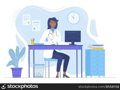 Black african Woman Doctor with stethoscope sitting at the desk with monitor. Medcine, pandemic, lockdown therapy, health care, hospital workspace concept. Stock vector illustration in flat style isolated on white.. Black african Woman Doctor with stethoscope sitting at the desk with monitor. Medcine, pandemic, lockdown therapy, health care, hospital workspace concept. Stock vector illustration in flat style isolated on white