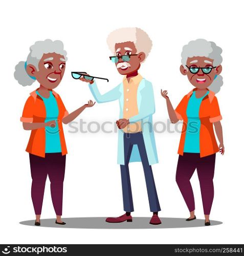 Black Afro American Oculist Doctor Giving Glasses To Old Woman Patient With Vision Problem Vector. Isolated Illustration. Black Afro American Oculist Doctor Giving Glasses To Old Woman Patient With Vision Problem Vector. Isolated Cartoon Illustration