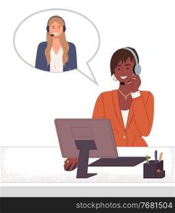 Black afro woman operator of call center or hotline. Woman with headset and computer talking with colleague, dialogue cloud. Smiling broker offers deal to partner. Video conference meeting isolated. Black afro woman operator of call center or hotline, woman with headset talk with colleague