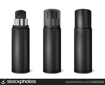 Black aluminium spray cans set with transparent and dark opaque cap on and removed realistic vector illustration . Black Spray Cans Realistic Set