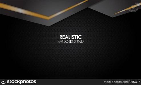 Black and gold background abstract realistic layered papercut mat geometric elegant futuristic glossy light with grid line.Modern shape concept.