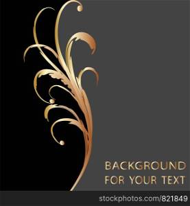 Black and gold background with floral curves for your design, stock vector illustration