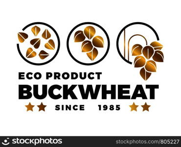 Black and gold buckwheat logo design. Eco buckwheat label isolated on white background. Vector illustration. Black buckwheat logo design. Eco buckwheat label