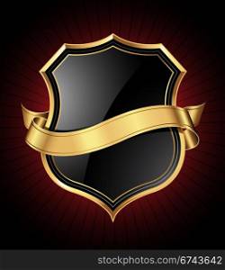 Black and gold shield and ribbon. Black shield with a golden frame and a gold ribbon for your message